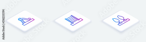 Set Isometric line Kid slide, Swedish wall and Forest. White square button. Vector