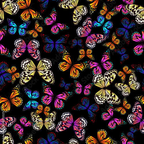 Colorful butterflies seamless pattern with black background. Hand-drawn butterflies print for wallpaper, fabric, interior decor