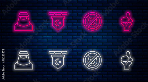 Set line Star and crescent, No pig, Muslim woman in niqab and Hands praying position. Glowing neon icon on brick wall. Vector