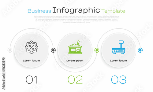 Set line Discount percent tag, Tin can with caviar and Electronic scales. Business infographic template. Vector