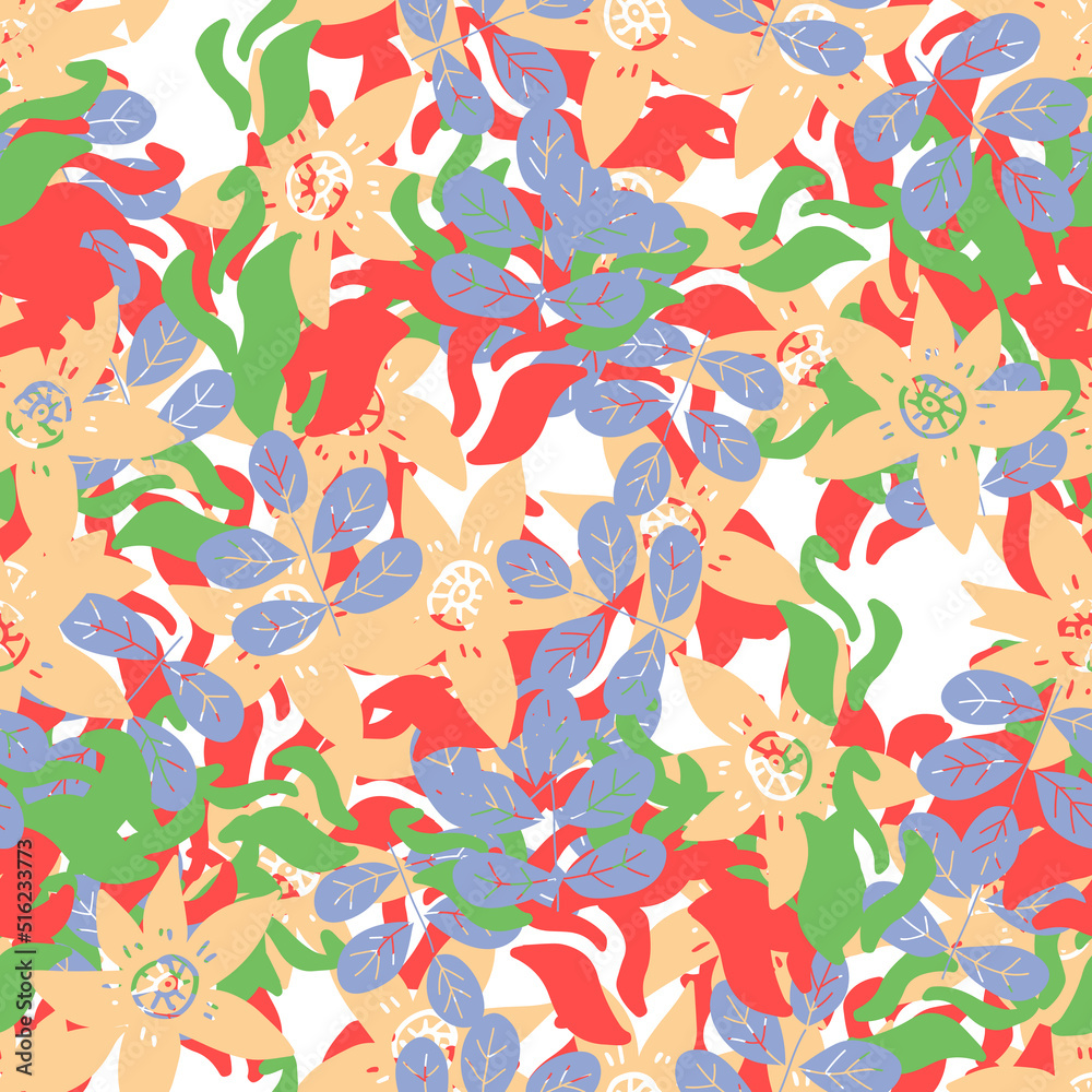 Fototapeta premium Fantasy messy freehand doodle floral shapes seamless pattern. Infinity random abstract card, layout. Creative background. Textile, fabric, wrapping paper.