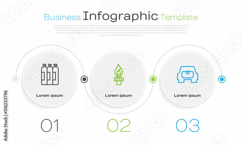 Set line Industrial gas cylinder tank, Oil rig with fire and Gas for vehicle. Business infographic template. Vector