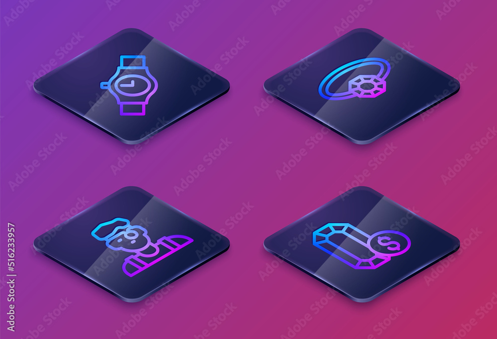 Set Isometric line Wrist watch, Jeweler man, Diamond engagement ring and Jewelry online shopping. Blue square button. Vector Set Isometric line Wrist watch, Jeweler man, Diamond engagement ring and Jewelry online shopping. Blue square button. Vector