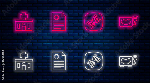 Set line Patient record, DNA symbol, Hospital building and Ultrasound. Glowing neon icon on brick wall. Vector