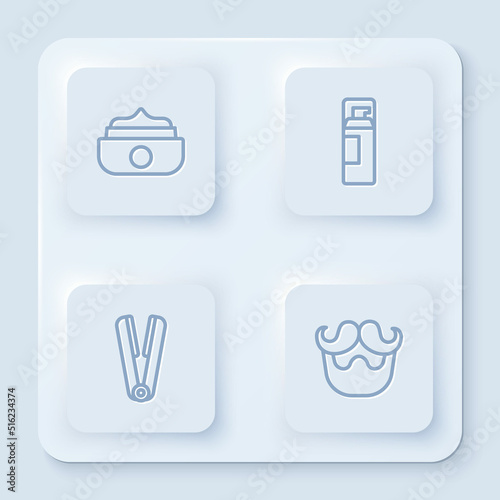 Set line Gel or wax for hair styling, Shaving gel foam, Curling iron and Mustache and beard. White square button. Vector