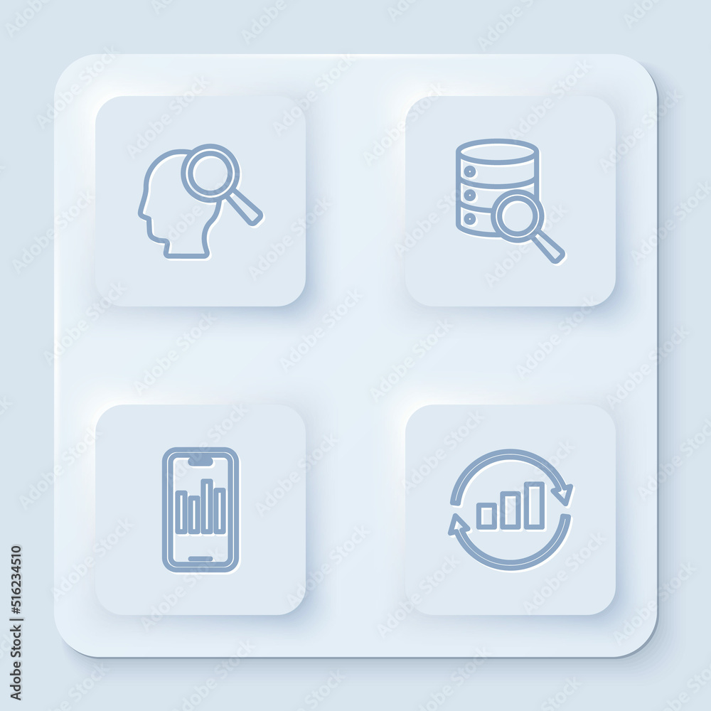 Set line Search people, Server, Mobile with graph and Graph chart infographic. White square button. Vector Set line Search people, Server, Mobile with graph and Graph chart infographic. White square button. Vector