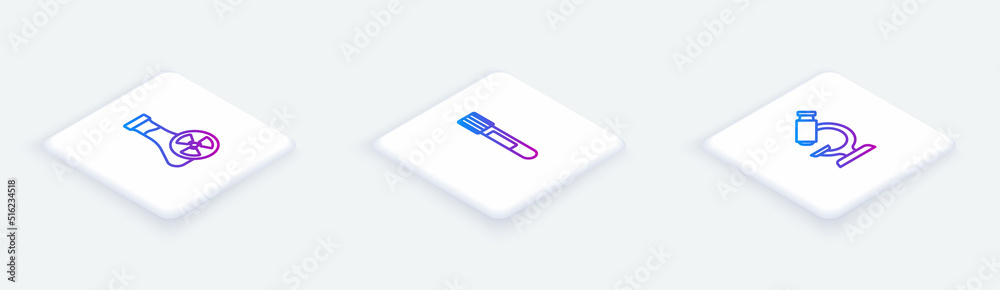 Set Isometric line Test tube with toxic liquid, and Microscope. White square button. Vector Set Isometric line Test tube with toxic liquid, and Microscope. White square button. Vector