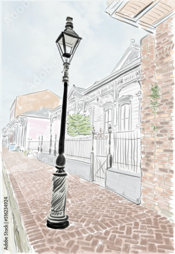 Hand drawn illustration. Pastel and colored pencil. New Orleans street scene with a street lantern and traditional homes. Bourbon street.