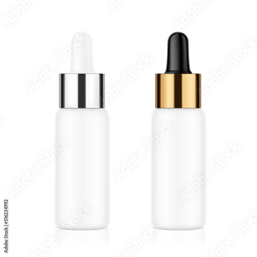 Realistic dropper bottles mockup. Vector illustration isolated on white background. Сan be used for cosmetic, medical and other needs. EPS10.	