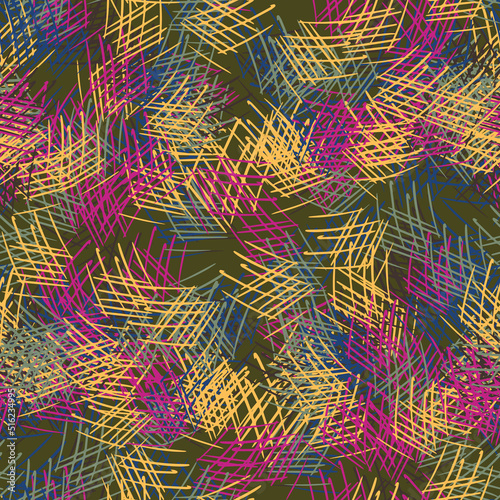 Fantasy messy freehand doodle geometric shapes seamless pattern.  Infinity ditsy scribble abstract card, layout. Creative background. Textile, fabric, wrapping paper.