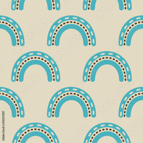 Blue rainbow groovy 1970 good vibes seamless vector pattern background. Warm retro abstract wallpaper, cute 70s texture