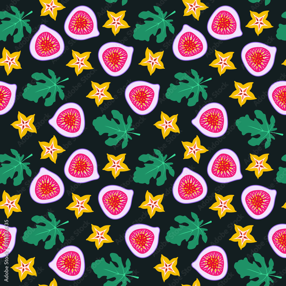 Seamless fig carambola pattern. Tropical fruit slices and green leaves. Hand drawn doodle. Sweet botanical print for wrapping paper, food package, menu design, wallpaper, fabric. Vector illustration Seamless fig carambola pattern. Tropical fruit slices and green leaves. Hand drawn doodle. Sweet botanical print for wrapping paper, food package, menu design, wallpaper, fabric. Vector illustration