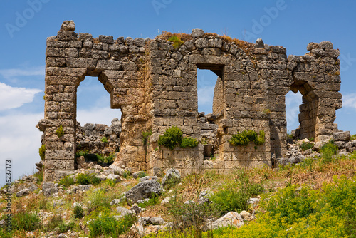 Picturesque view of ruins of Roman Baths of Sillyon ancient city, southern Turkiye