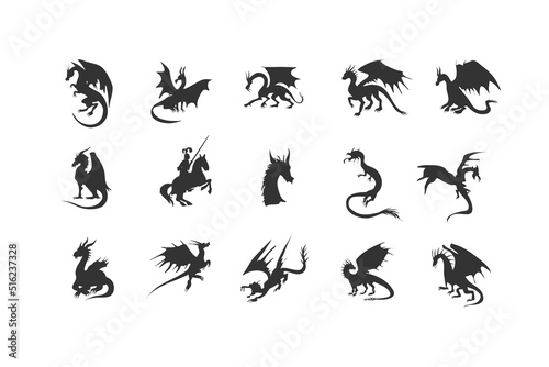 Dragon Silhouette isolated Clip Art Magic Animal Design Vector.