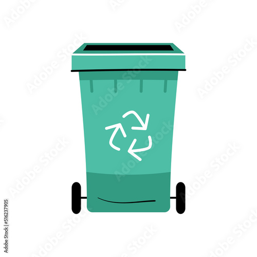 Container or recycle bins for paper, plastic, glass and general trash. Concept of separate garbage collection. Dumpsters of different colors isolated on white background. Flat vector illustration