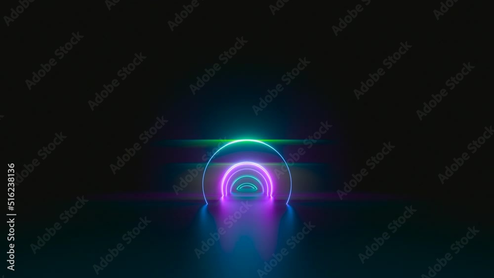 cycled 3d animation, endless tunnel with round pink green arches. Abstract neon background