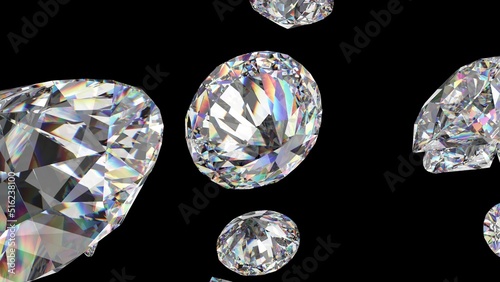 Shiny Diamonds on black surface background. Concept image of luxury living, expensive things and high added value. 3D CG. High resolution.