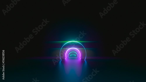 cycled 3d animation, endless tunnel with round pink green arches. Abstract neon background