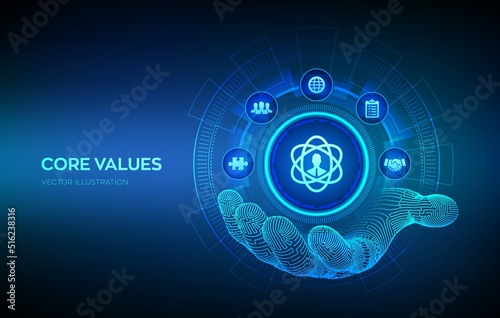 Core Values icon in robotic hand. Responsibility Ethics Goals Company concept on virtual screen. Core values infographic. Vector illustration.