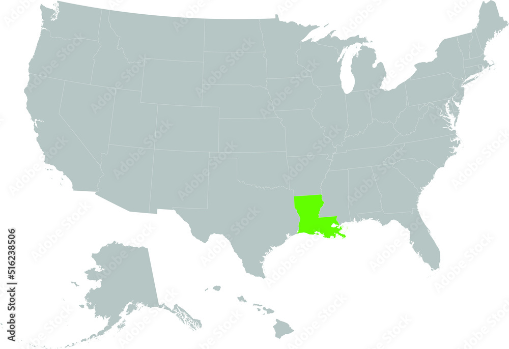 Fototapeta premium Light green Map of US federal state of Louisiana within gray map of United States of America