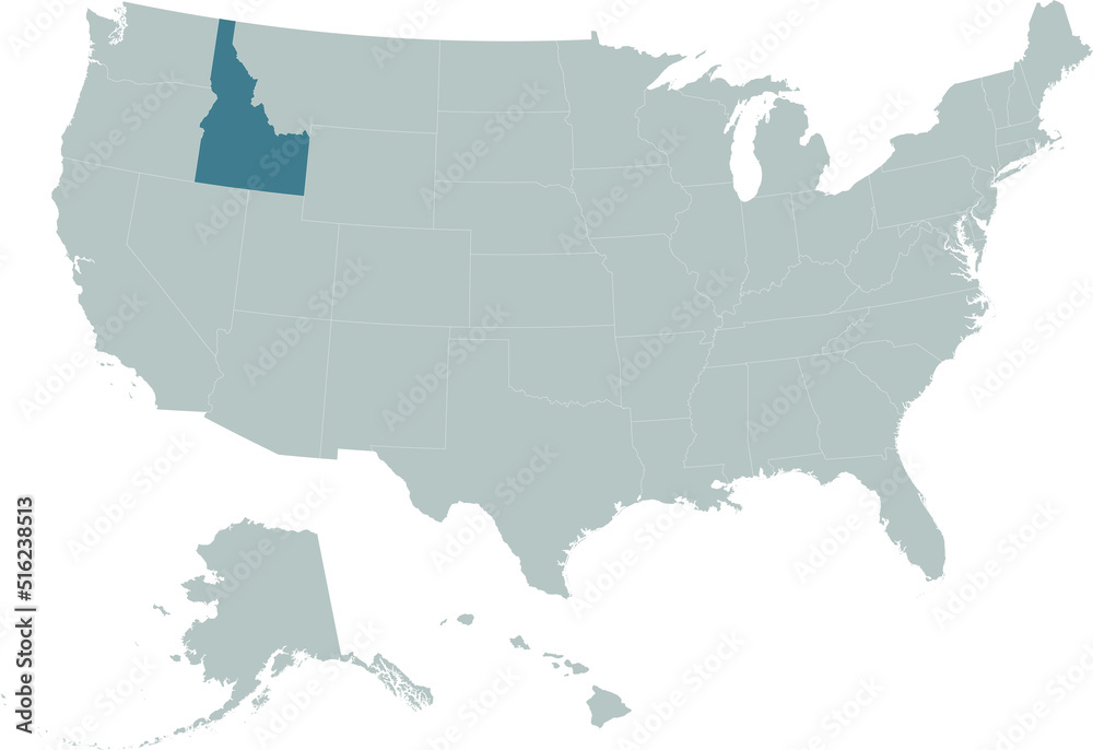 Fototapeta premium Blue Map of US federal state of Idaho within gray map of United States of America