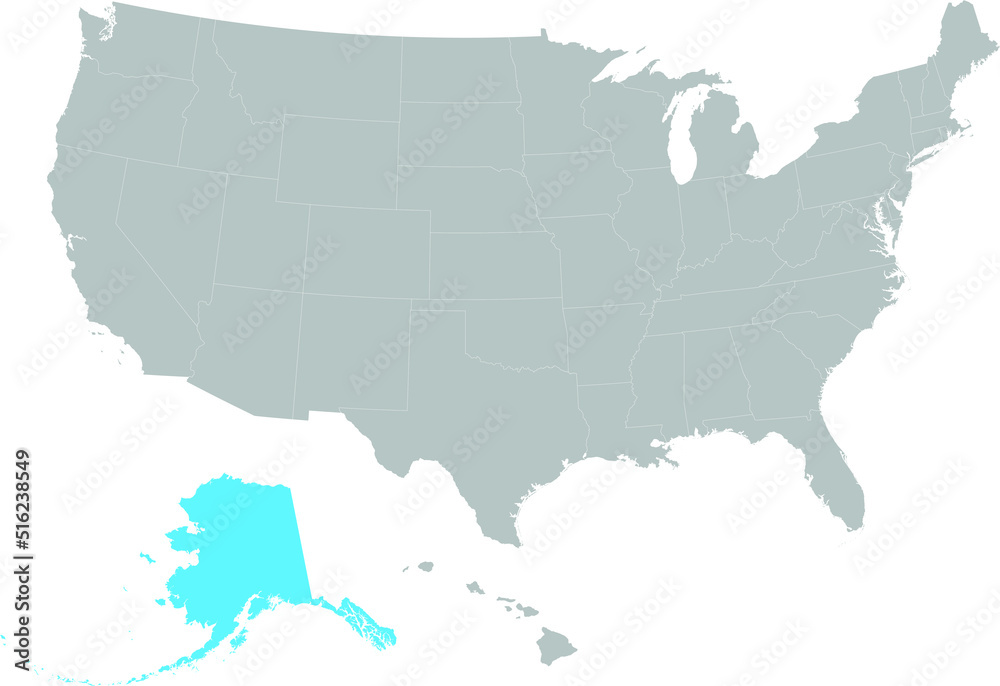 Light blue Map of US federal state of Alaska within gray map of United States of America