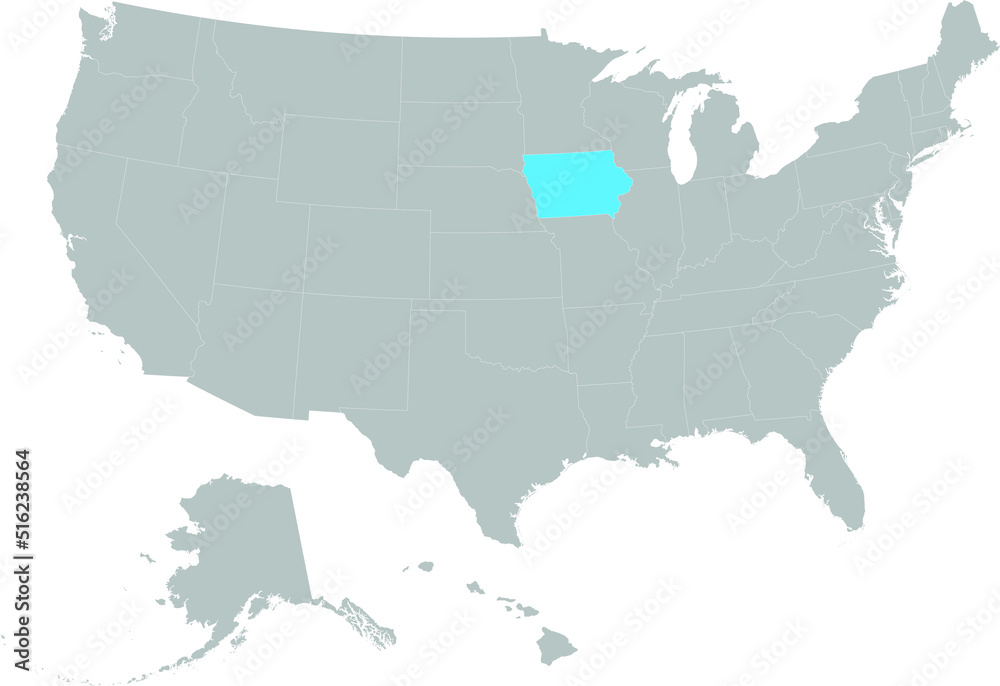 Light blue Map of US federal state of Iowa within gray map of United States of America