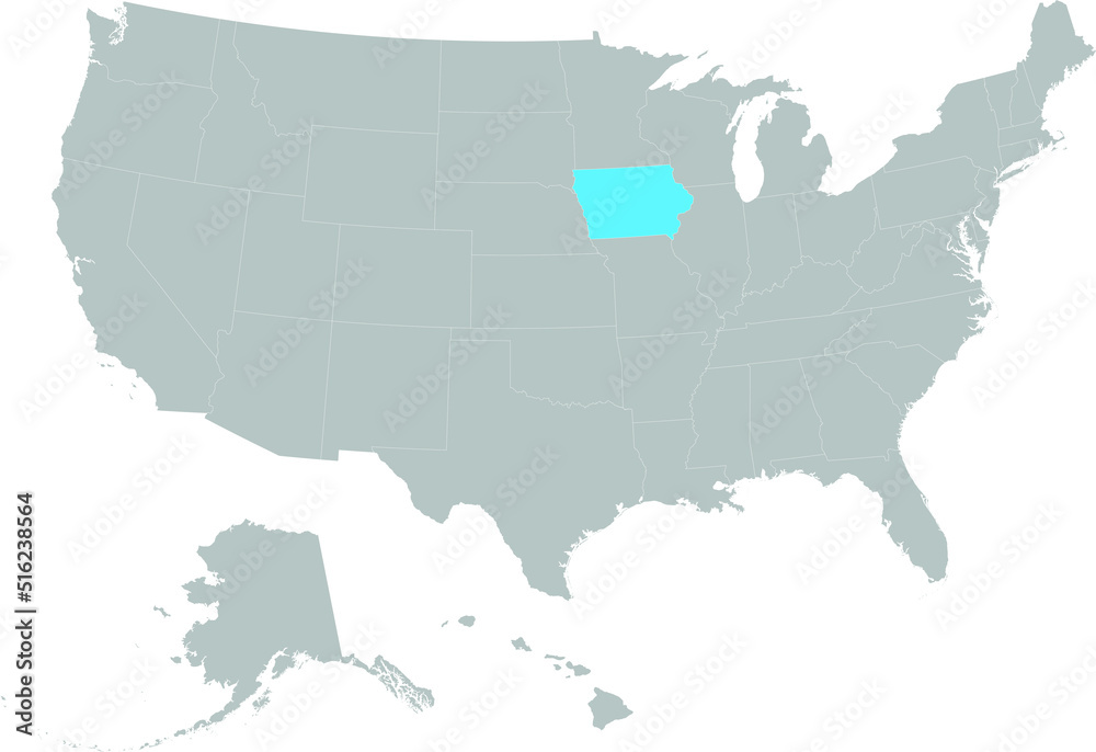 Obraz premium Light blue Map of US federal state of Iowa within gray map of United States of America