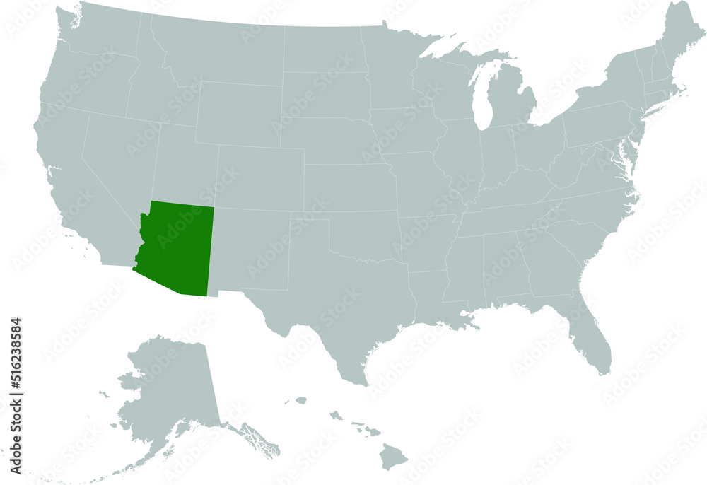 Green Map of US federal state of Arizona within gray map of United States of America