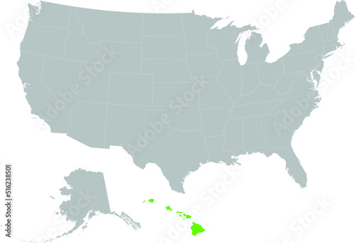 Light green Map of US federal state of Hawaii Islands within gray map of United States of America
