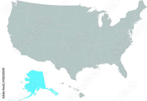 Light blue Map of US federal state of Alaska within gray map of United States of America photo