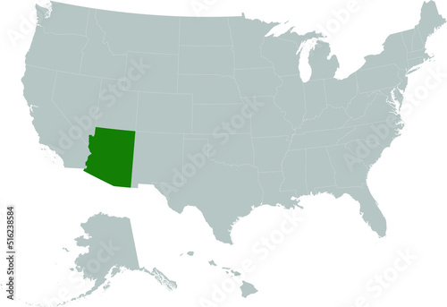 Green Map of US federal state of Arizona within gray map of United States of America