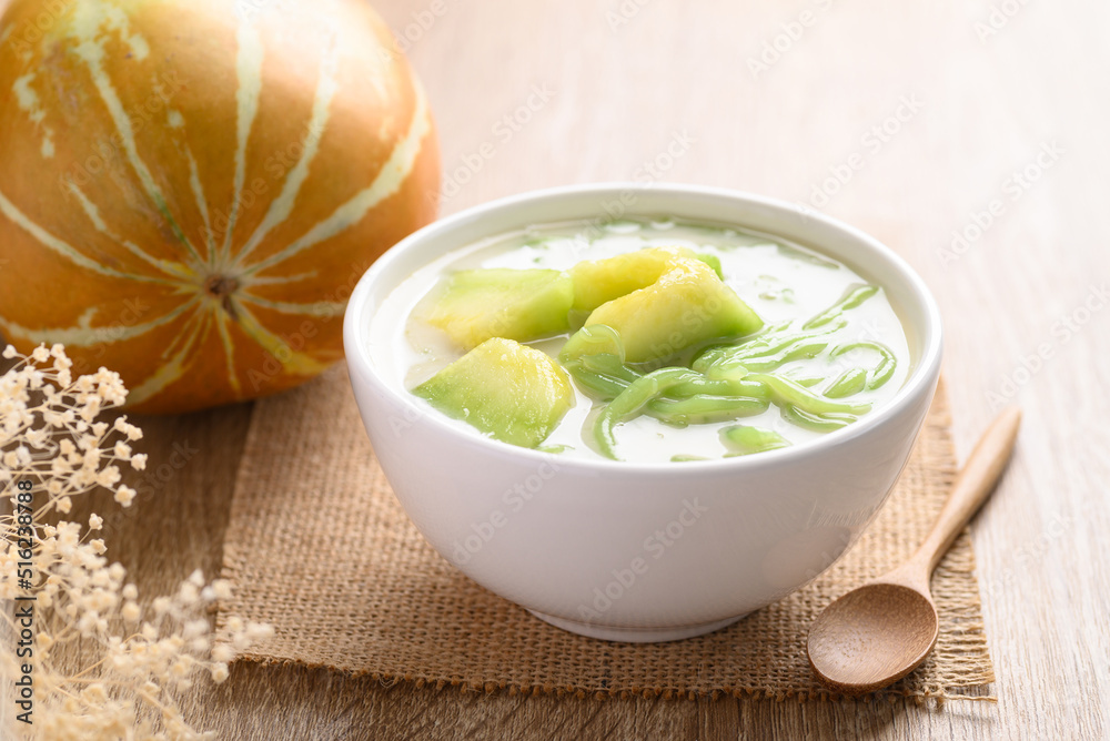 Thai dessert (Lod Chong), Rice flour jelly pandan flavor with Thai melon in coconut milk Thai dessert (Lod Chong), Rice flour jelly pandan flavor with Thai melon in coconut milk