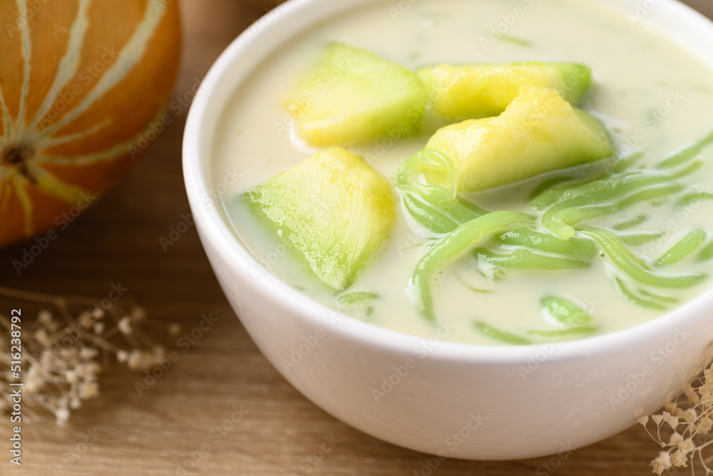Thai dessert (Lod Chong), Rice flour jelly pandan flavor with Thai melon in coconut milk Thai dessert (Lod Chong), Rice flour jelly pandan flavor with Thai melon in coconut milk