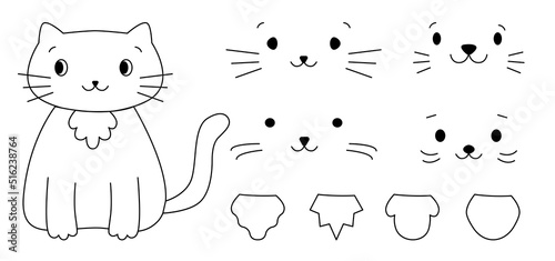 Cute line cat with shirtfront set. A collection of different muzzles set for a kitten. Childrens picture isolated on white background. Little pet kit faces with a mustache. Vector illustration photo