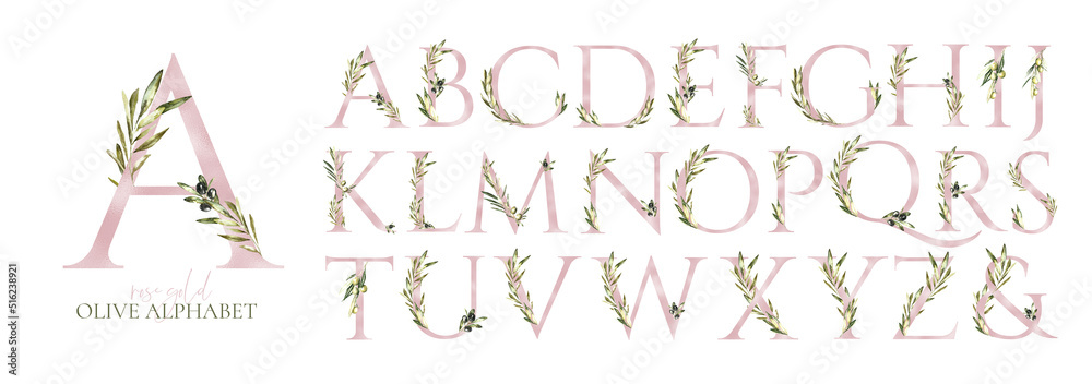 Watercolor Rose Gold Olive English alphabet floral set letters from A to Z on white background. Femenine Botanical Greenery element for wedding stationery, monogram initials, new baby name,baby shower