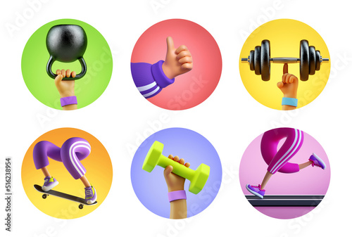 Fototapeta Naklejka Na Ścianę i Meble -  3d render, set of assorted icons for fitness blog, round stickers with hands legs and sportive equipment, social account design. Abstract sport circles isolated on white background