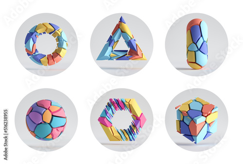 3d render, set of round stickers with geometric shapes, modern minimal icons for social account design. Abstract circles isolated on white background