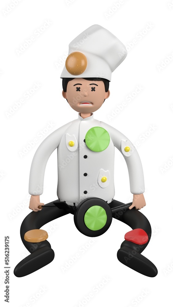 Character person illustration about chef feel stressfull while cooking. 3D illustration. 3D rendering. Character person illustration about chef feel stressfull while cooking. 3D illustration. 3D rendering.