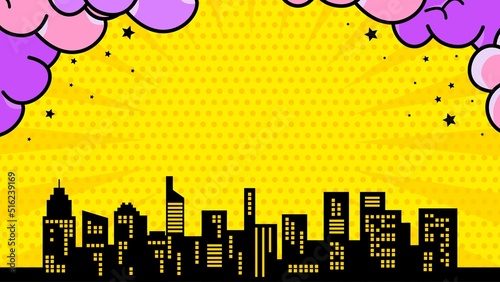 Comic yellow background with city silhouette