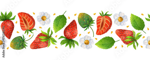 Ripe strawberries seamless watercolor border. Hand drawn illustration isolated on white background. Red fresh berry, unripe green fruit, leaves, flowers, seeds. Whole wild strawberries, cut in half