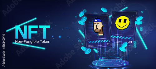 Crypto tokens NFT - cards with 3D hologram and crypto coins. Non-fungible token vector banner. NFT cards with pixel art on hologram. Cryptocurrency Art with coins bitcoin, ethereum, ERC20. 3D art photo