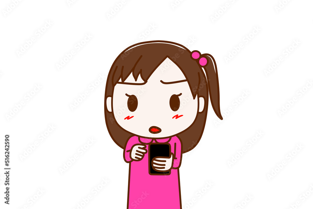 (上半身正面)スマホの画面を見て操作し、不審に思って眉をひそめる少女 (上半身正面)スマホの画面を見て操作し、不審に思って眉をひそめる少女
