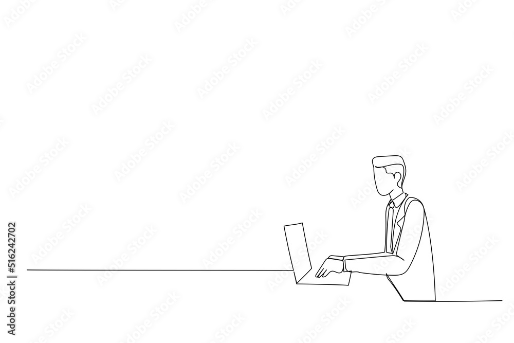 Drawing of young man working on computer at office freelancer in casual, employee, worker , typing and chatting online. Single line design style