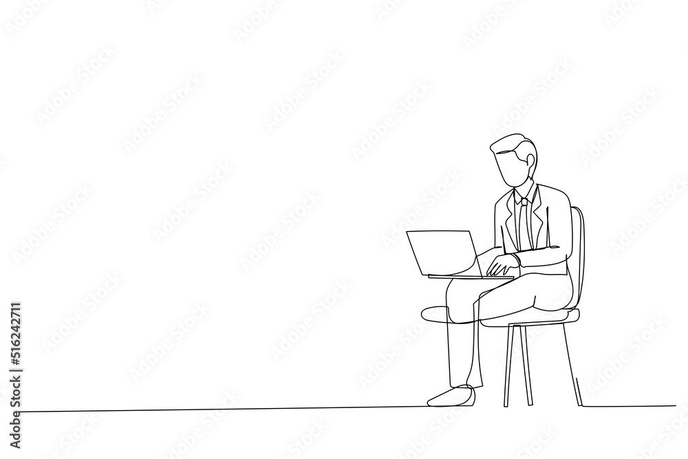 Illustration of young man using laptop indoors using computer and working on project. Single line design style