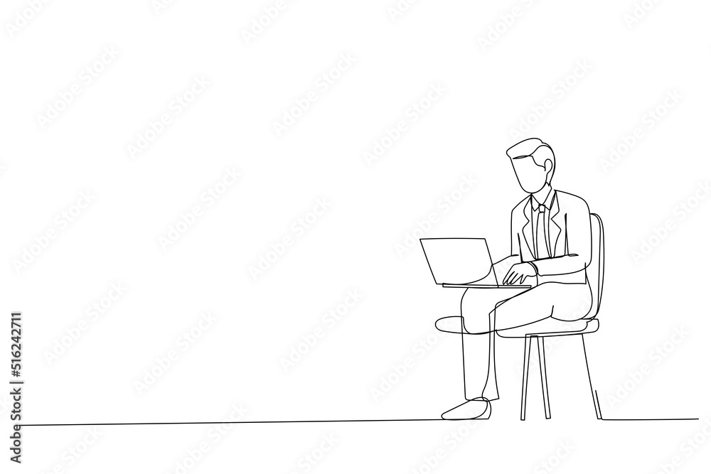 Illustration of young man using laptop indoors using computer and working on project. Single line design style Illustration of young man using laptop indoors using computer and working on project. Single line design style