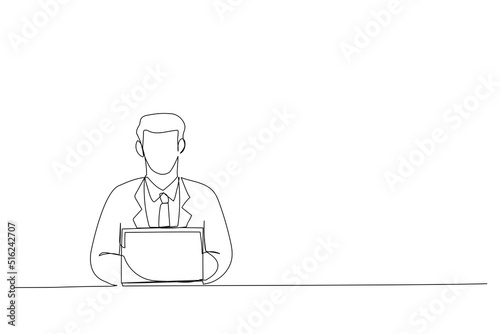 Cartoon of focused millennial business man using laptop at table. Young entrepreneur, using compute at home office workplace. Continuous line design style