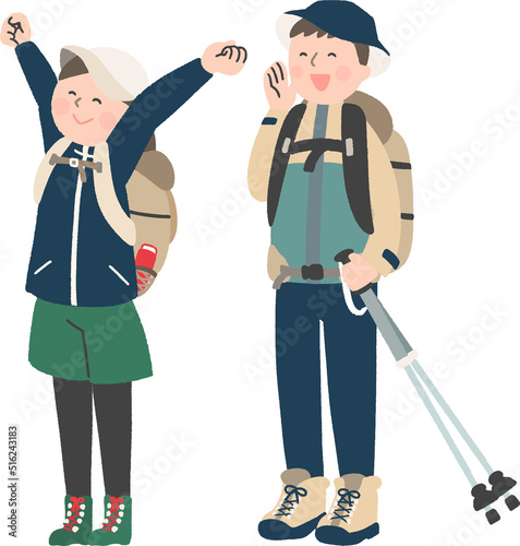 登山に来た若い男女が笑顔でリフレッシュしている