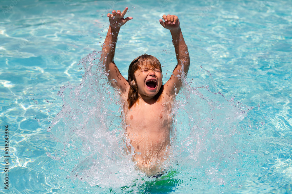 Excited kid boy in pool. Child swimming in water pool. Summer kids