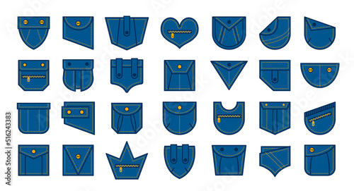 Patch pockets for shirt, bag, pants, dress. Different blue denim pockets with stitch and zipper, jeans casual clothing template, vector illustration on white background